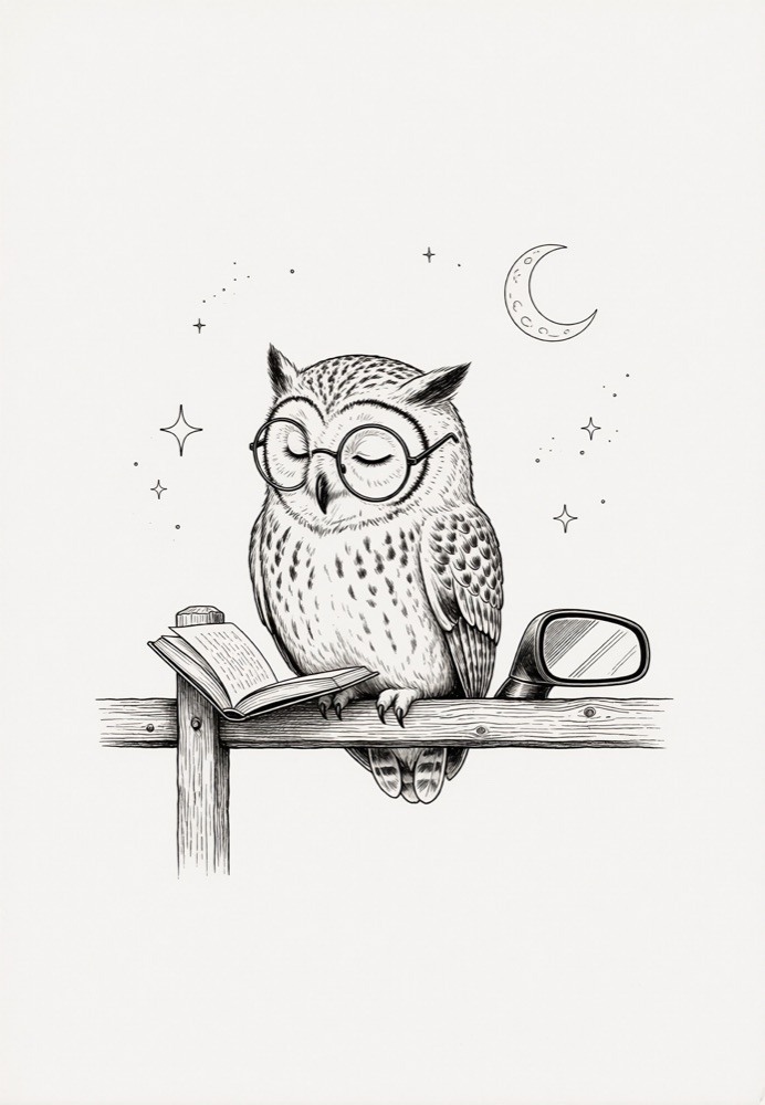 Tintenzeichnung: Eule mit Brille und Buch, dahinter ein Halbmond