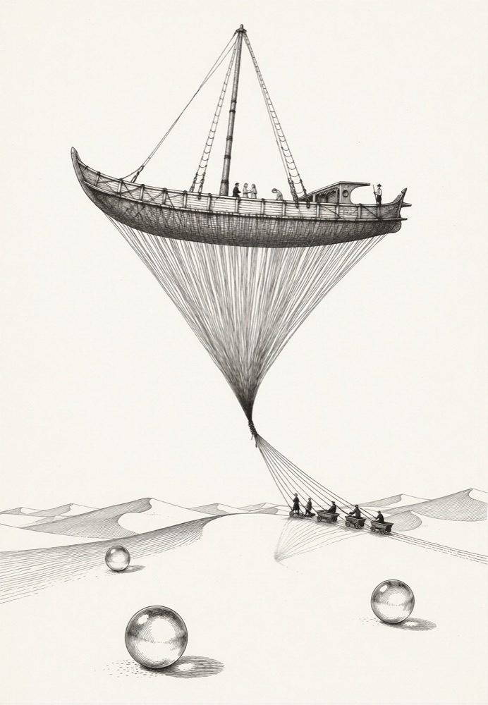 Tintenzeichnung: Segelschiff als Ballon, von winzigen Figuren an einem Seil hochgezogen